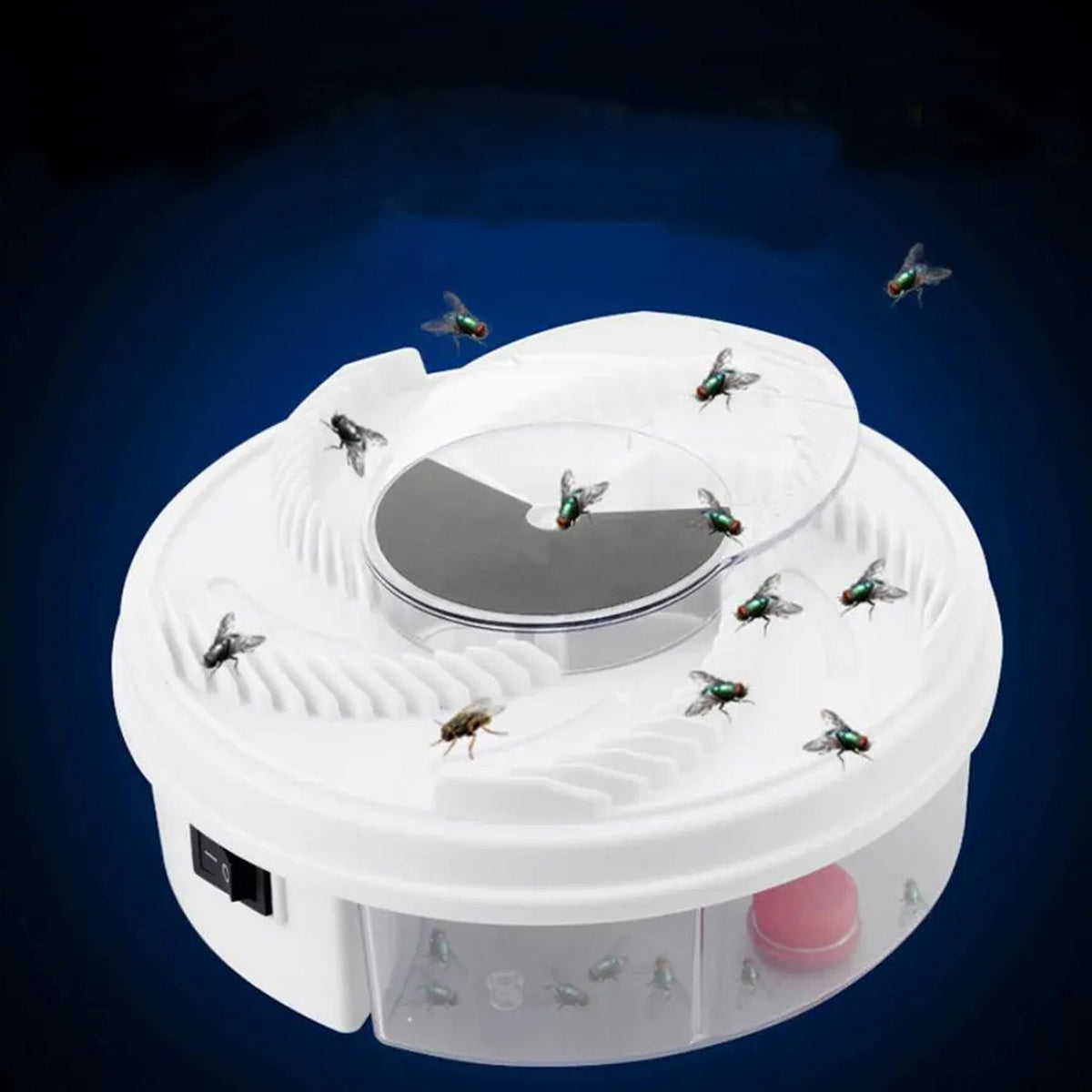 Electric fly trap device with rotating mechanism, ready for use.