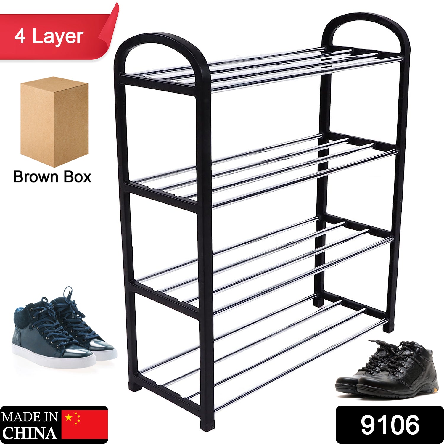 Lifestyle shot of the space-saving 4 tier shoe organizer neatly arranging multiple pairs of footwear.