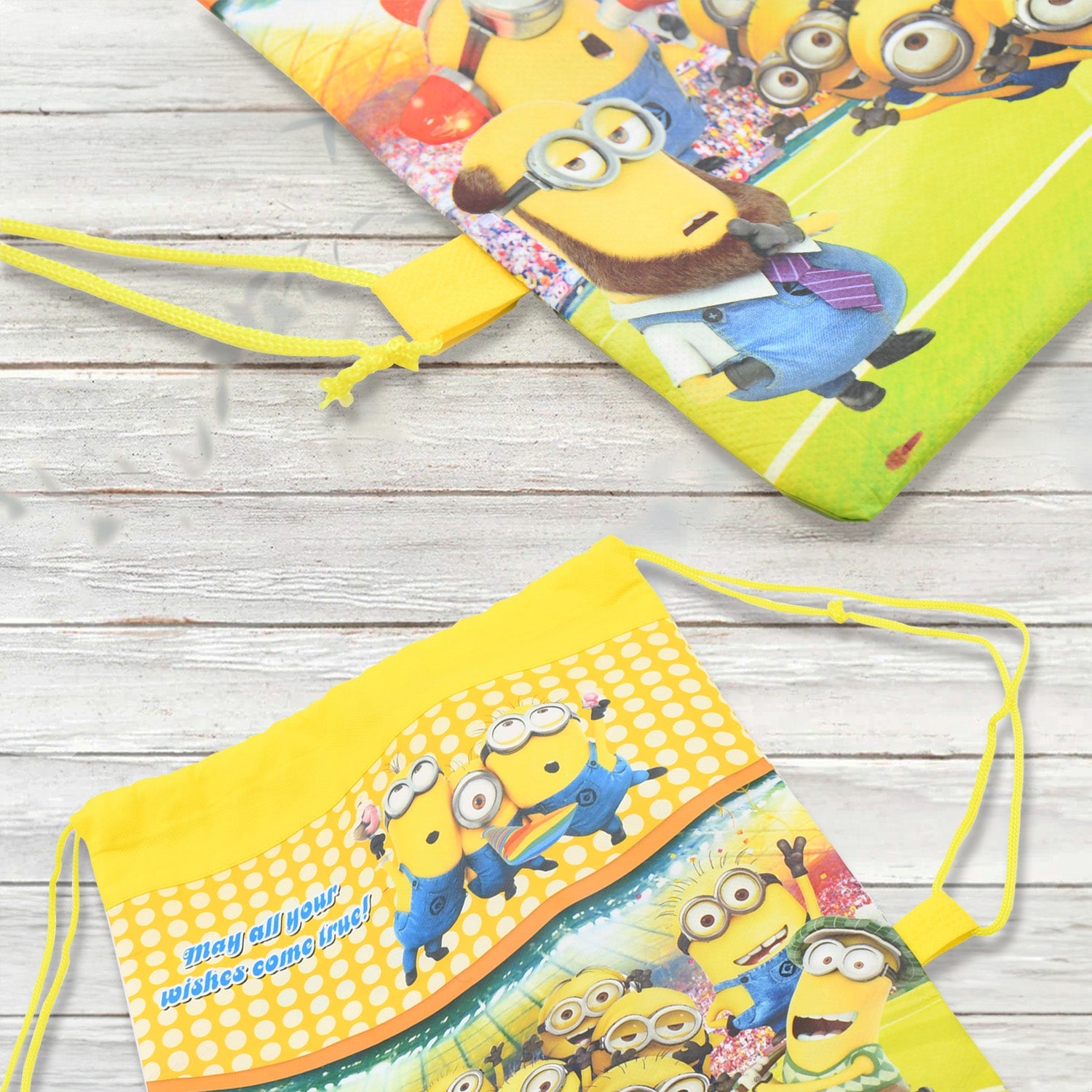 Happy child showing off their new Kids Drawstring Backpack, ideal for school or play.