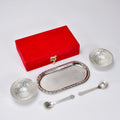 Elegant silver plated bowl set with two bowls, two spoons, and a tray, presented in a luxurious red velvet gift box.