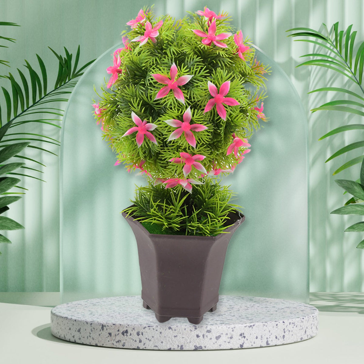 Artificial flower plant with a cute white pot on a wooden surface, enhancing home decor.