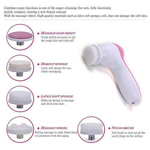 The pink 5-in-1 facial massager ready for use, highlighting its sleek design.