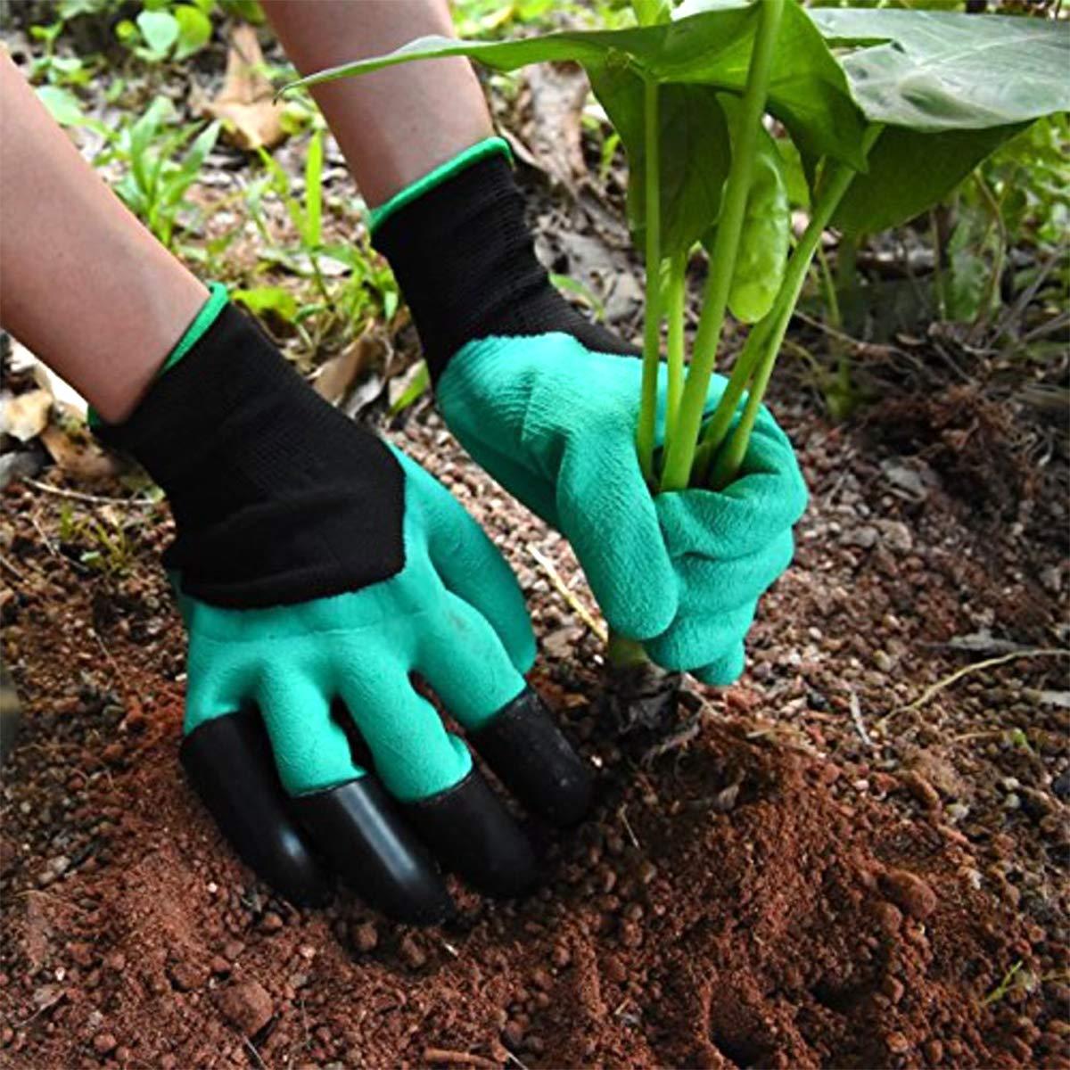 Colourful gardening gloves with claws on display, ready for use.
