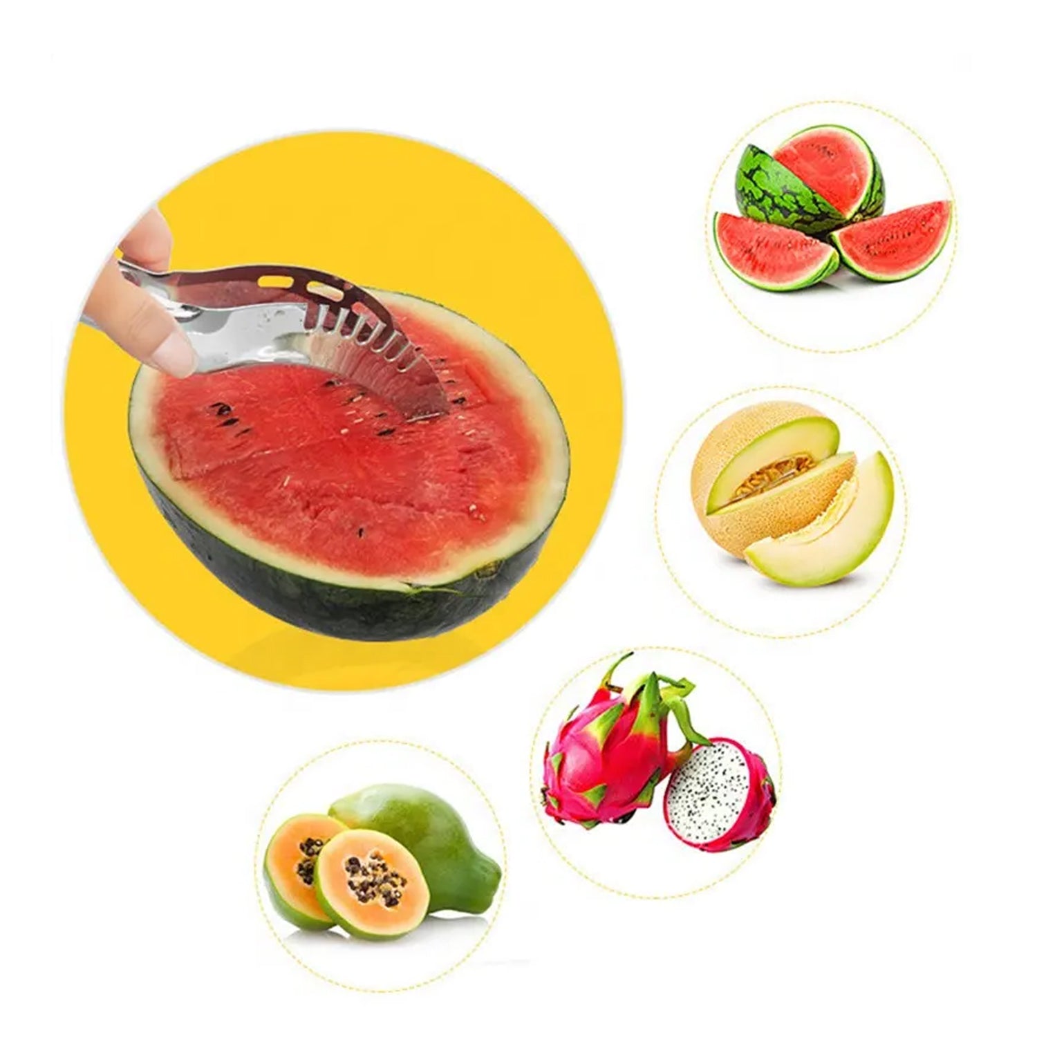Ergonomic fruit corer separating watermelon flesh from rind.