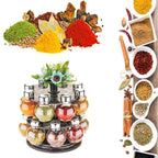 Revolving spice rack set on a kitchen counter, demonstrating its compact design.