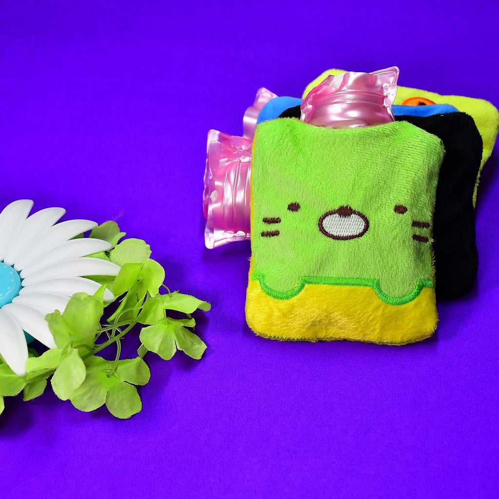 Green Hot Water Bag for pain relief, highlighting its compact size and design.
