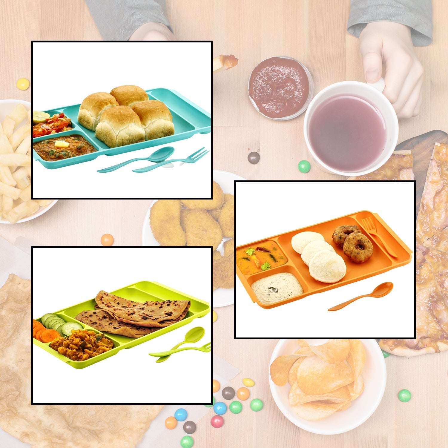 Durable 4-compartment plastic dinner plate, perfect for separating food items.