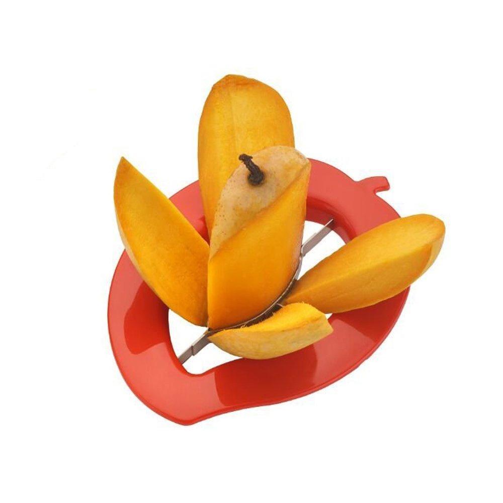Detail of the mango cutter's durable ABS frame and sharp stainless steel cutting edge.