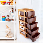 Side angle of a sturdy 5-tier plastic drawer unit in brown for home organization.
