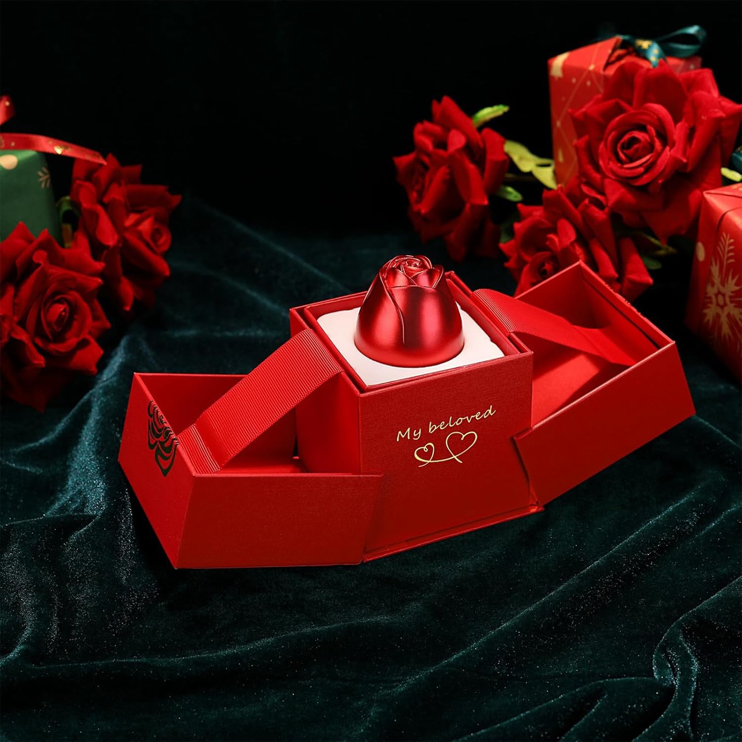 Elegant rose ring box jewellery with magical red rose design