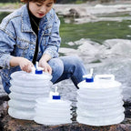 Folded 10L portable water container next to a filled one, showing compact design.