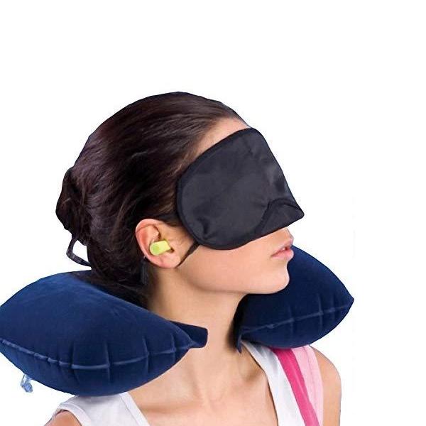 Individual components of the 3-in-1 Air Travel Kit: neck pillow, ear buds, and eye mask.