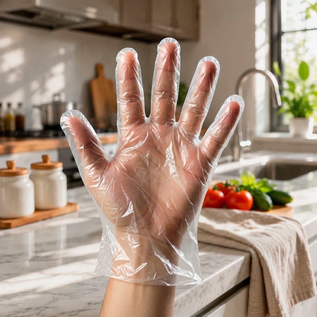 Disposable gloves made from durable, flexible plastic
