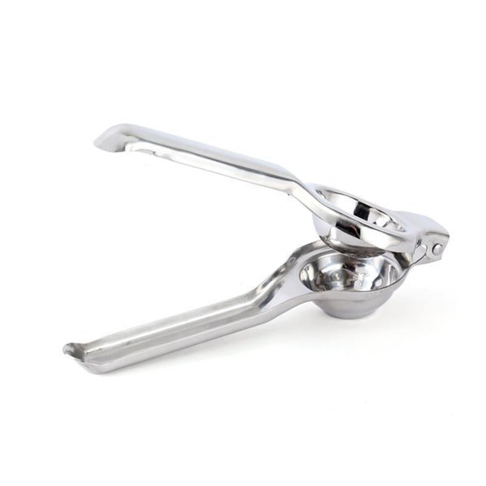 Compact and easy-to-store stainless steel lemon squeezer displayed in a kitchen.