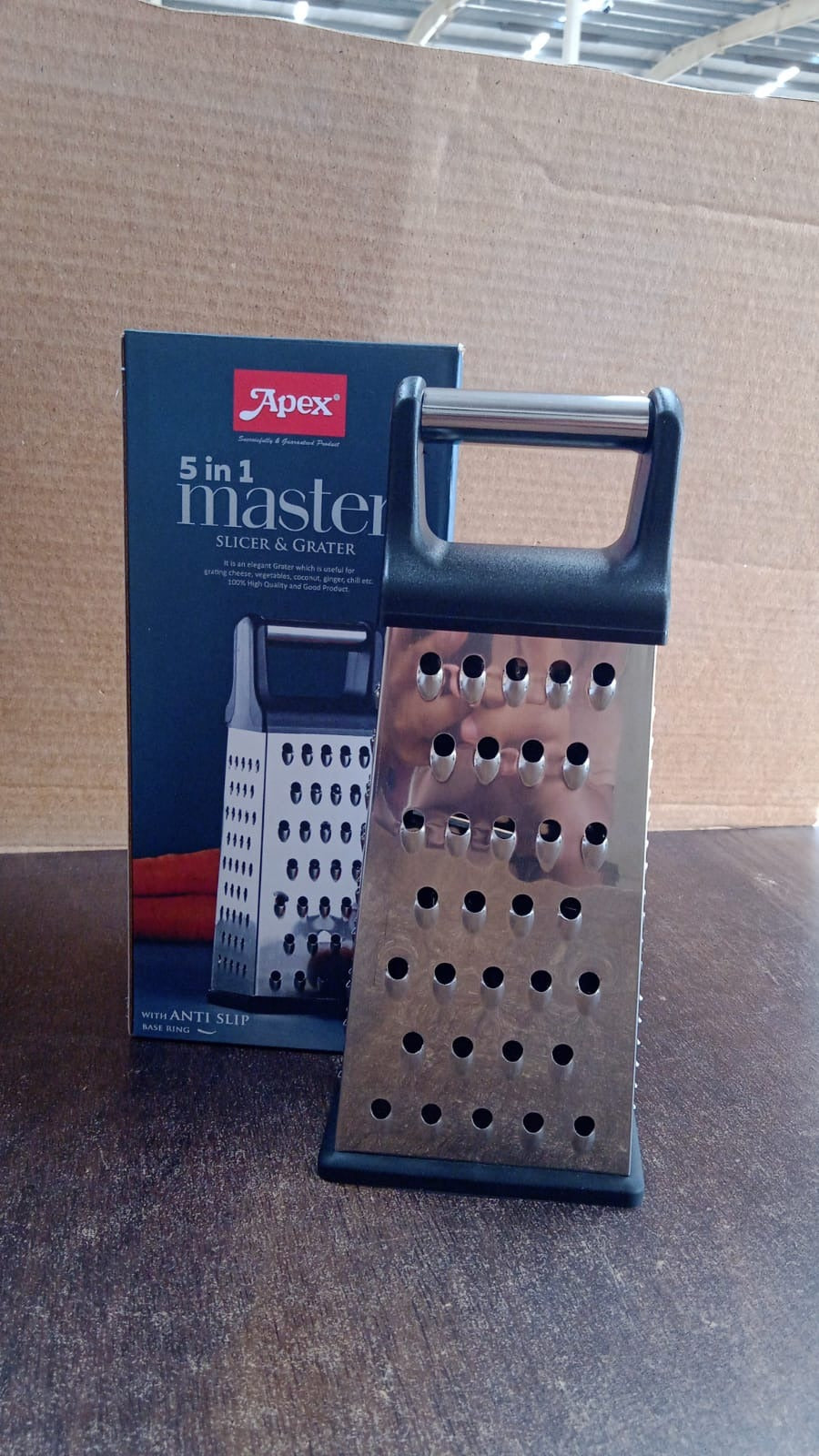 Side profile of Apex stainless steel multipurpose 5-in-1 slicer and grater