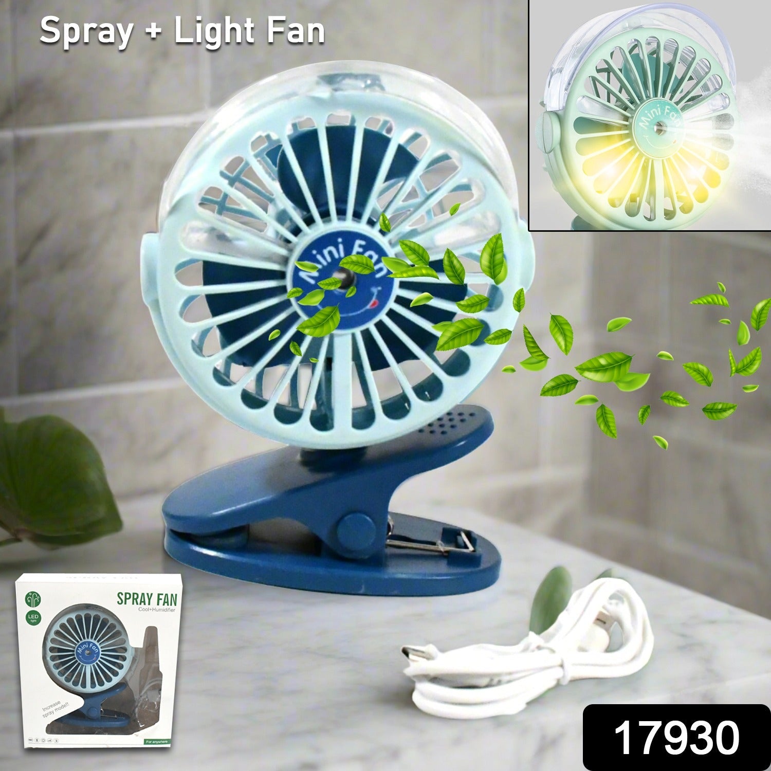 Close-up of the  portable clip-on fan attached to a table, highlighting its strong clip.