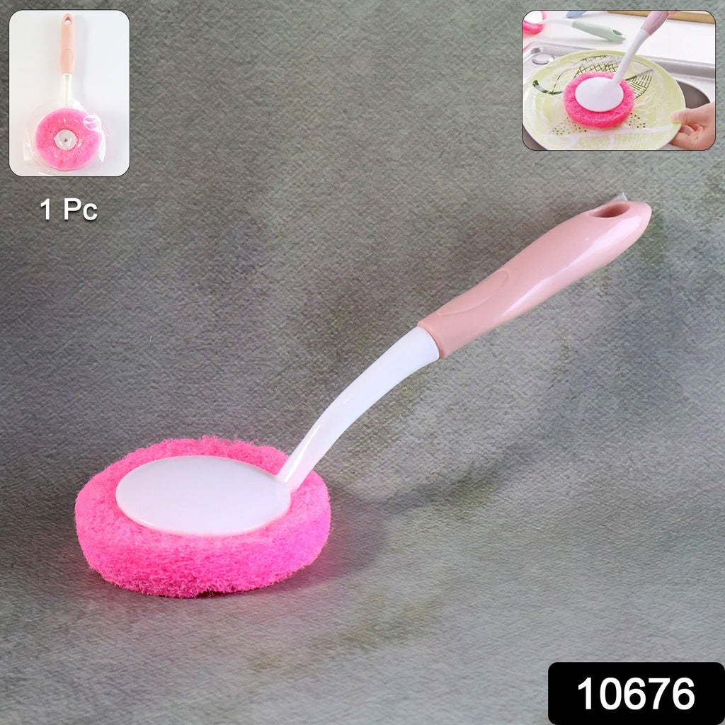 Kitchen dish scrubber brush with ergonomic long handle and soft round sponge head
