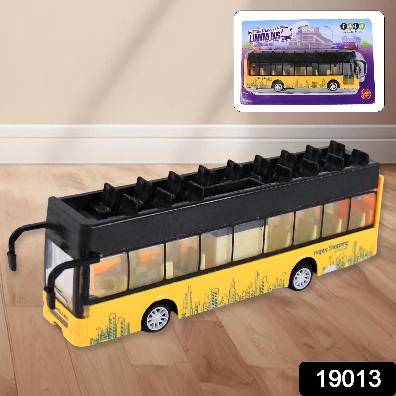 Side view of London double decker bus toy showcasing detailed design and alloy finish