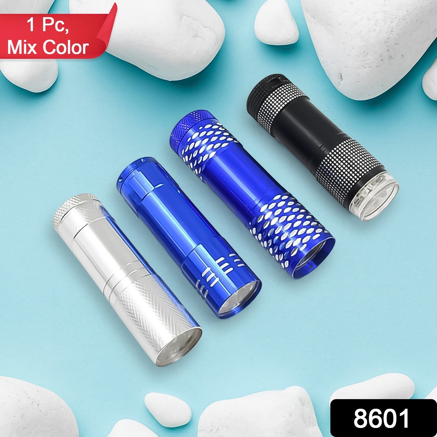Close-up of the portable LED flashlight showing its 9 bright LED bulbs.
