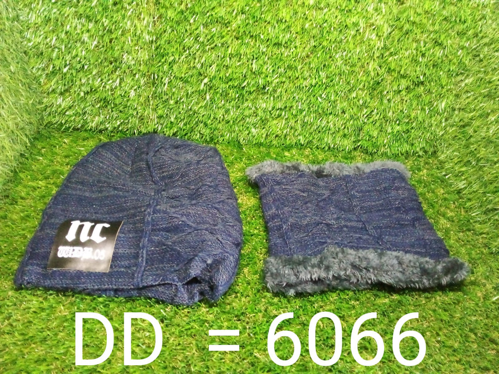 The complete woolen beanie scarf set laid flat, highlighting its soft fabric.