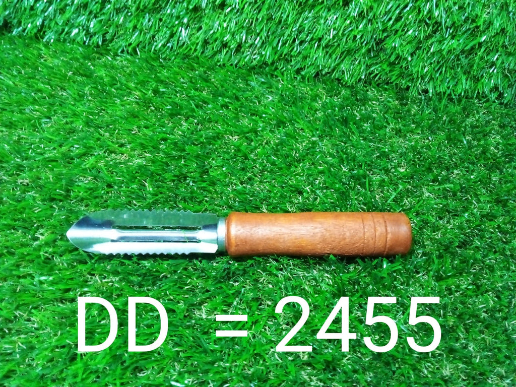 Sharp stainless steel vegetable peeler with a comfortable wooden grip for safe use.