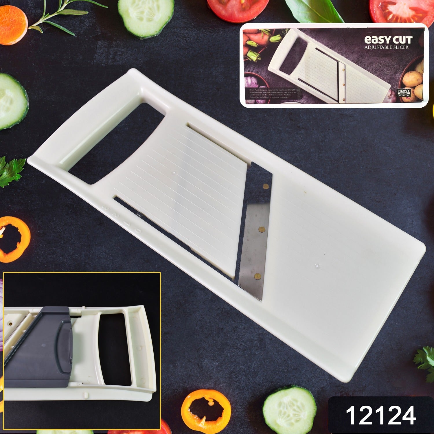 Fresh vegetables like carrots and cucumbers being sliced by the kitchen tool.