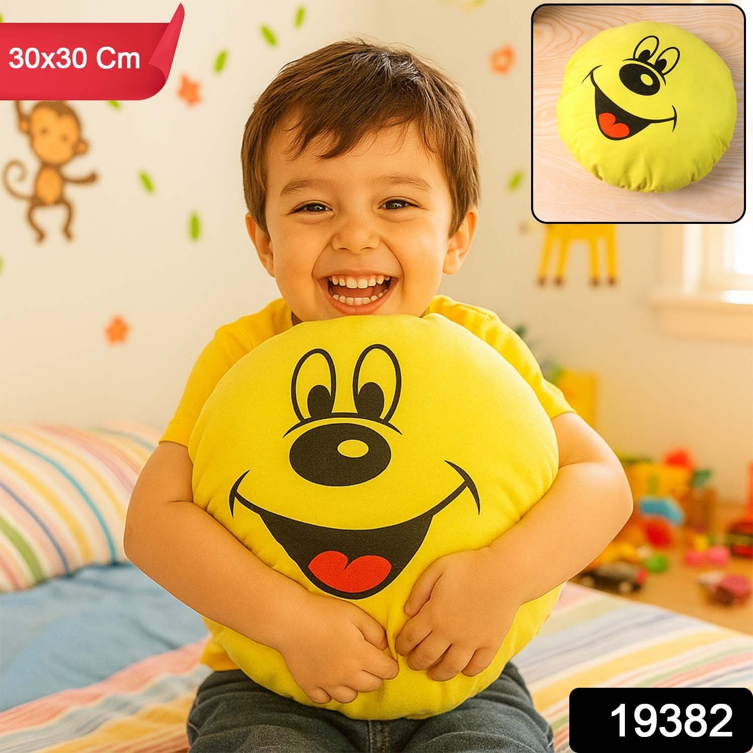 Smiley face cushion perfect for kids’ bedroom or playroom comfort
