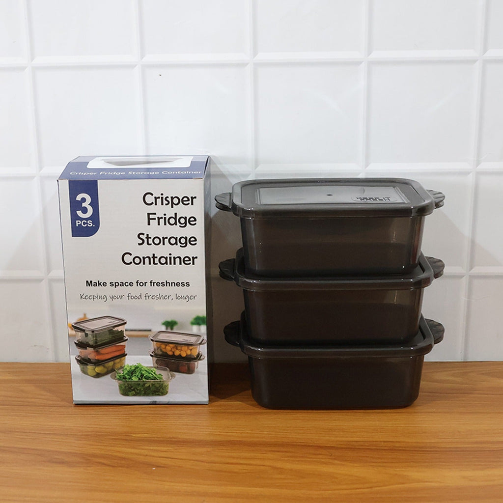 Complete three-piece set of BPA-free rectangular food storage containers.