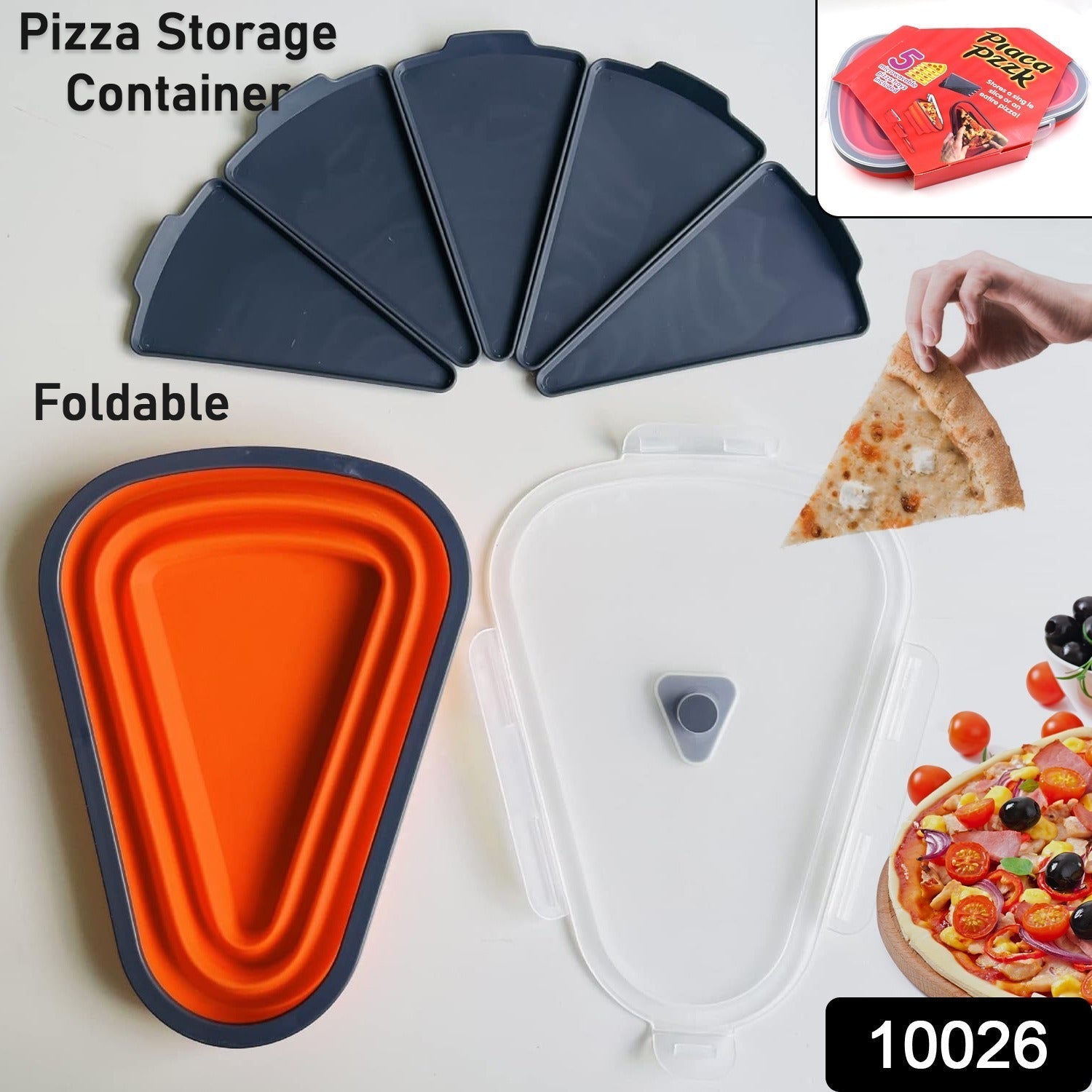 Tidy Table's pizza container shown collapsed, highlighting its space-saving design for easy storage.