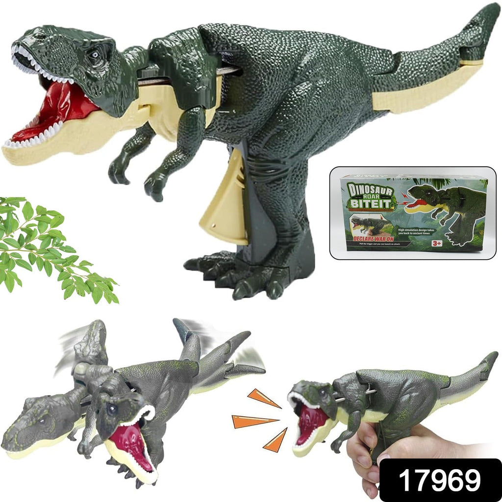 Child playing with an interactive dinosaur toy, showing its moving head.