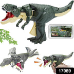 Child playing with an interactive dinosaur toy, showing its moving head.