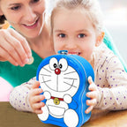 Kids metal piggy bank with a vibrant cartoon character design.