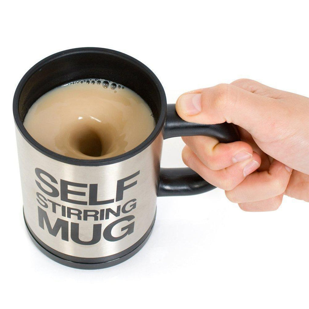 Multiple views of the Self Stirring Mug, highlighting its compact size and versatile appeal.