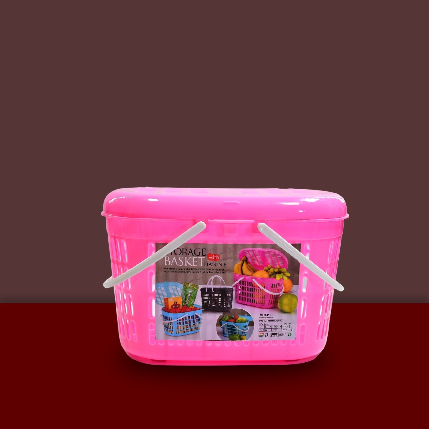 Multipurpose plastic basket with handle, ideal for kitchen storage.