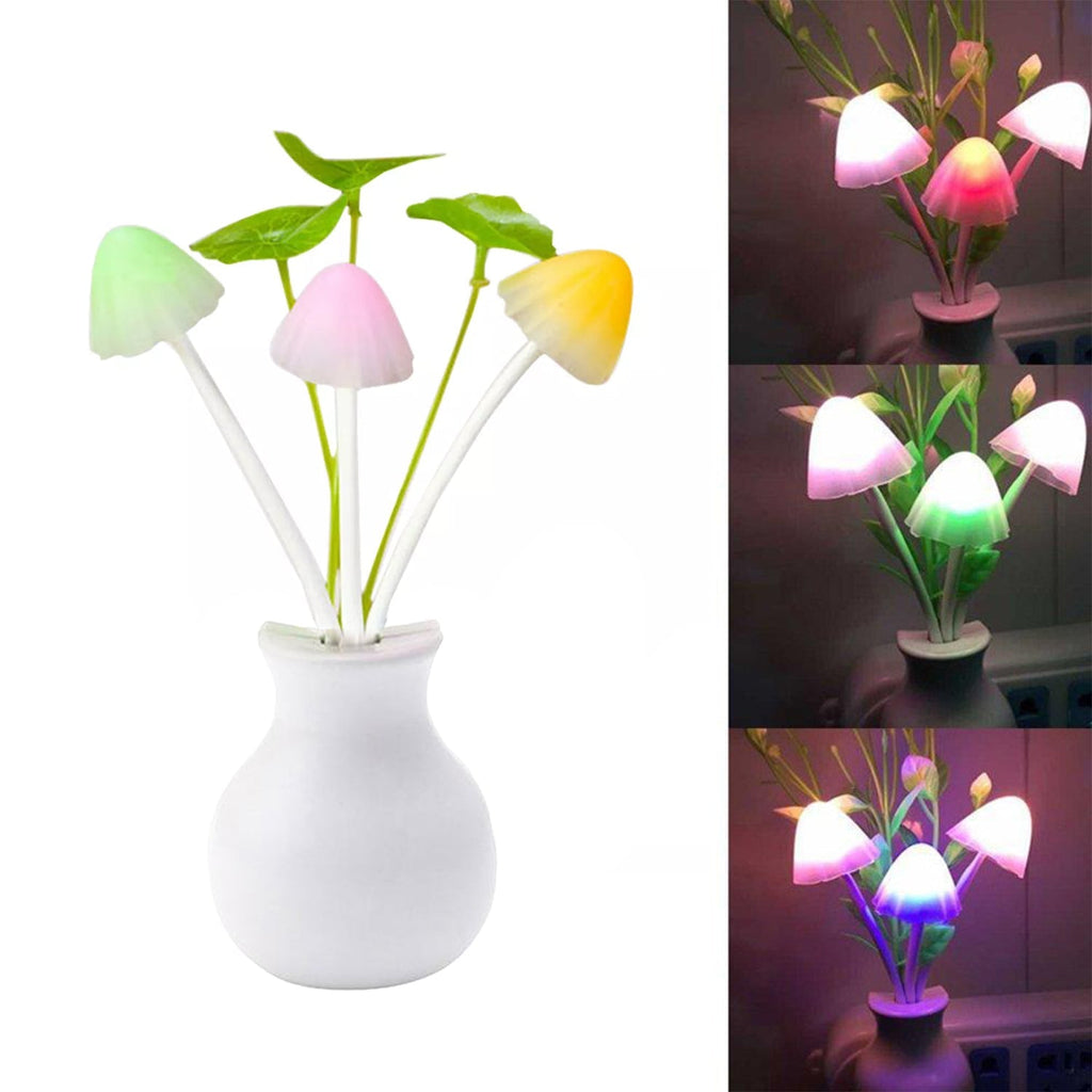 Multicolor LED mushroom night light illuminating a room with a soft glow.