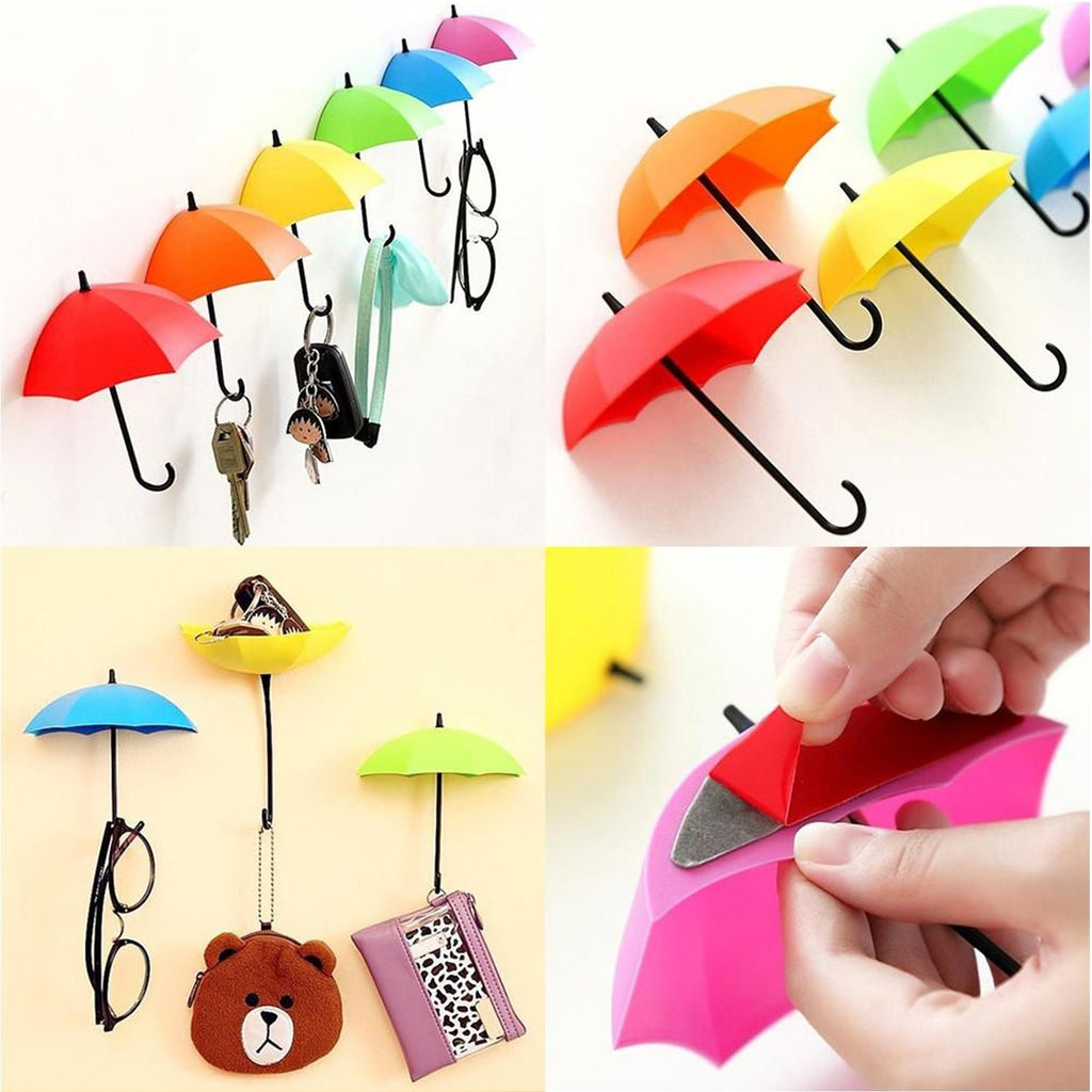 Side view of a self-adhesive multicolor umbrella hook, flush against a wall.
