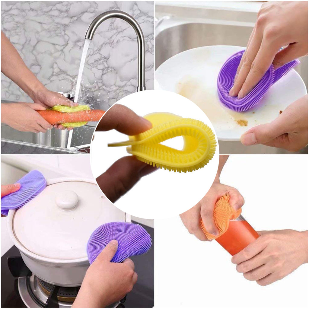A collection of silicone dish scrubbers in mixed colors, proving their mildew-free and effective cleaning power.