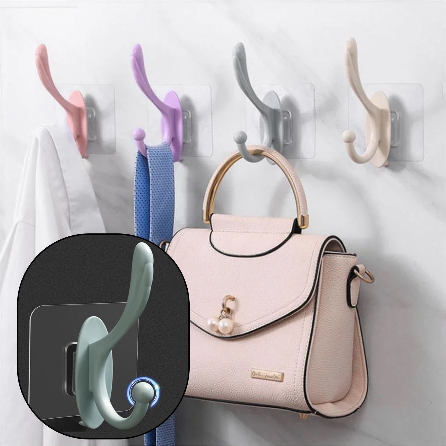 Diagram illustrating the simple, drill-free installation process of the adhesive wall hook.