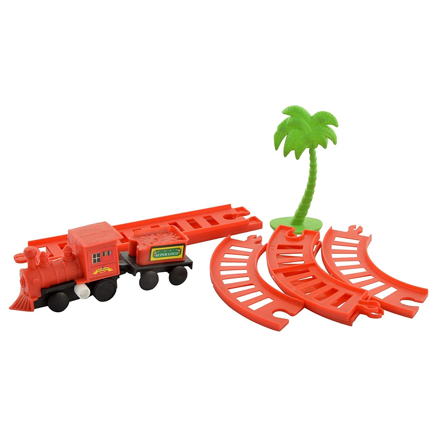 Full layout of the mini train set, showing all tracks and train cars.