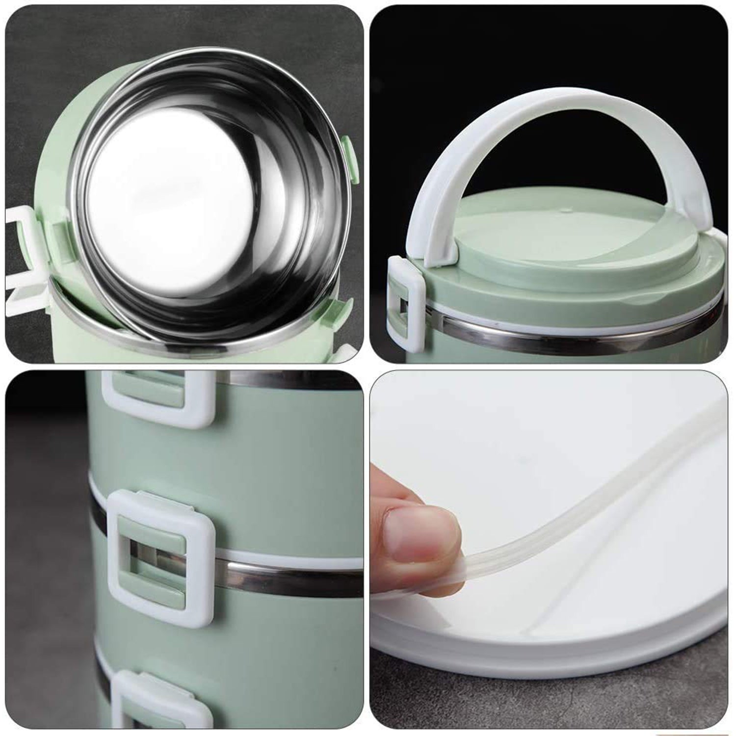 Top-down view of the multi-layer stainless steel tiffin box, ready for packing.