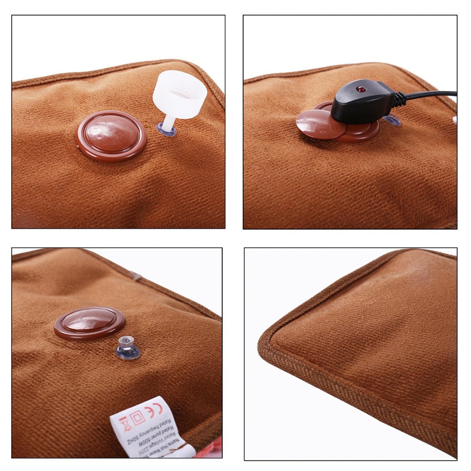 Compact electric heating pad on a white background, highlighting its portable design.