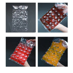 Stack of disposable ice cube bags conveniently stored in a freezer.