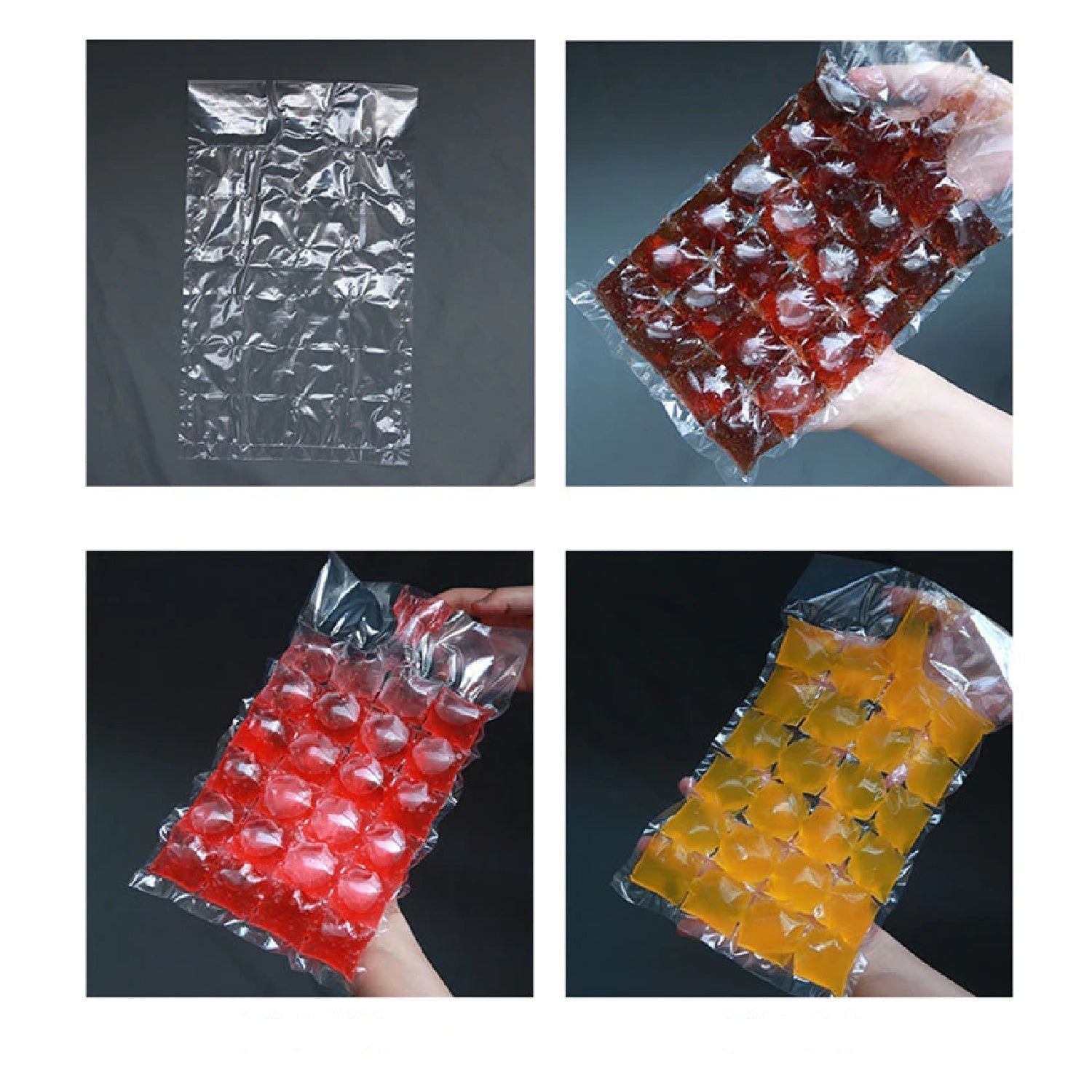 Stack of disposable ice cube bags conveniently stored in a freezer.
