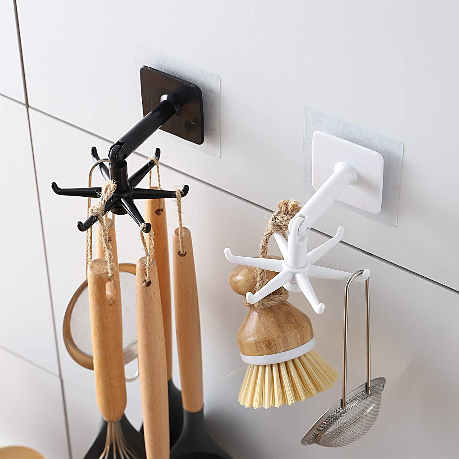 Black rotatable hooks with six prongs ideal for kitchen utensil storage