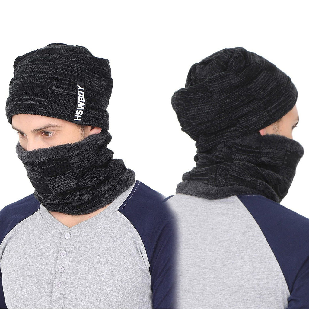 Unisex woolen beanie scarf set in classic black, perfect for winter warmth.