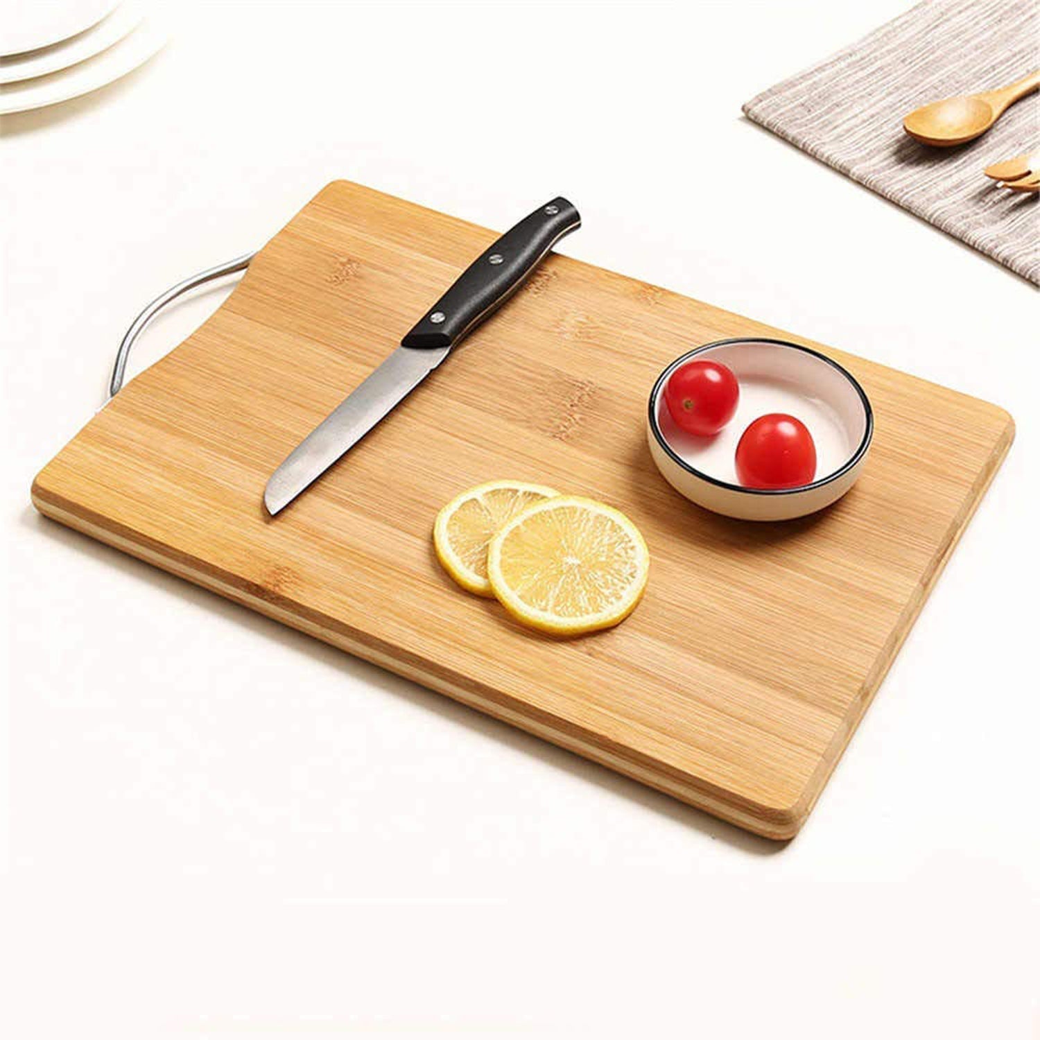 Premium wooden chopping board with a sturdy metal handle and anti-skid base.