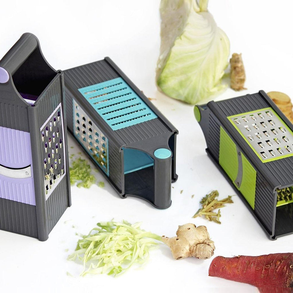 The Quickslice 4-in-1 vegetable slicer grater in action, demonstrating efficient food preparation.