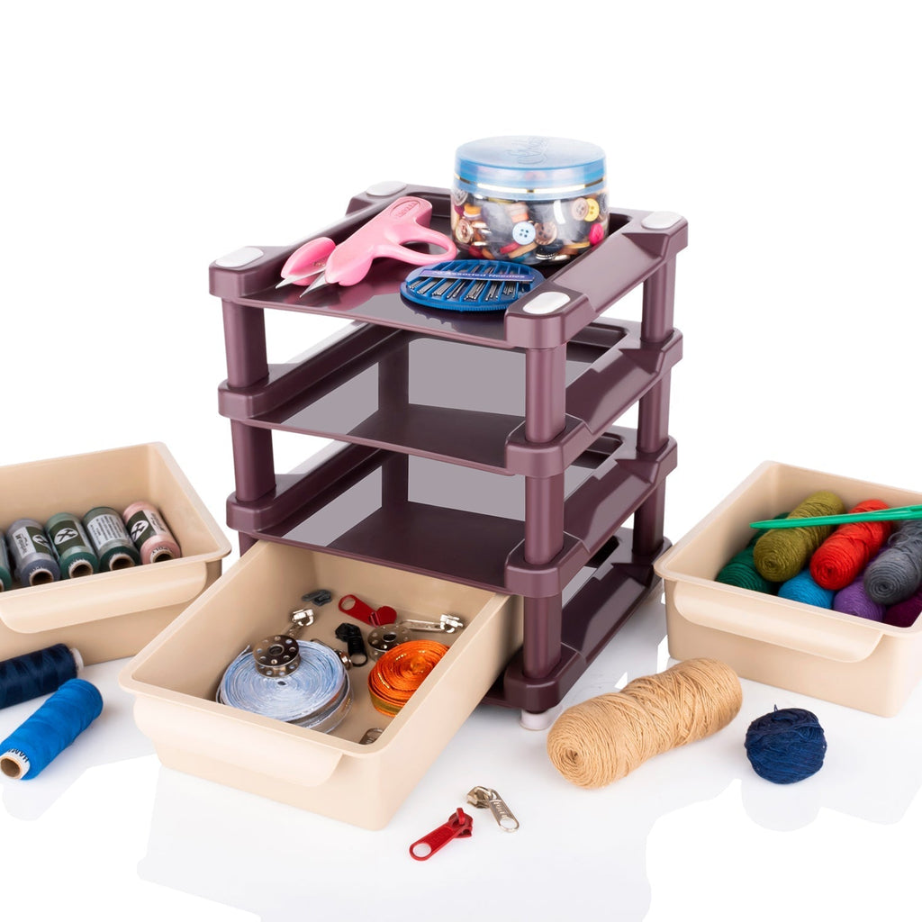 Front view of the plastic makeup organizer drawer with three clear layers.