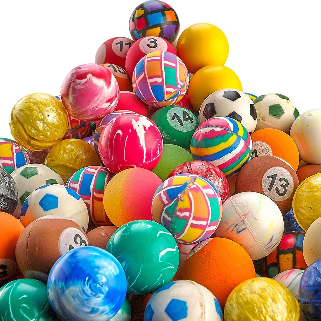 Close-up of a set of 14 bouncy balls, highlighting their unique designs and bright colours.