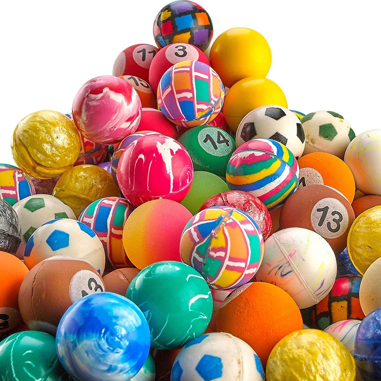 Close-up of a set of 14 bouncy balls, highlighting their unique designs and bright colours.